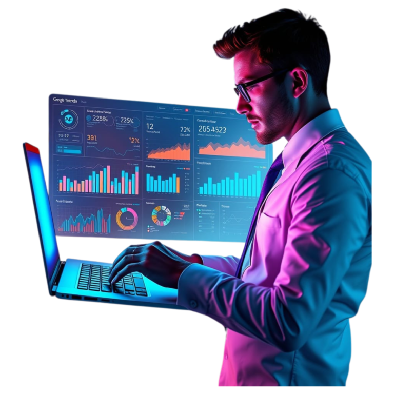 Hombre de negocios trabaja con su computador portátil mostrándose la interfaz de Google Trends con gráficos, métricas y KPI para analizar el rendimiento y crear informes internos para optimizar las operaciones administrativas.