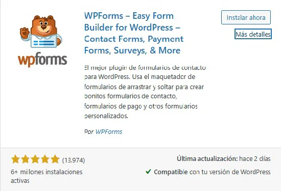 Interfaz del plugin WPForms de WordPress para crear formularios de contacto en los sitios web.